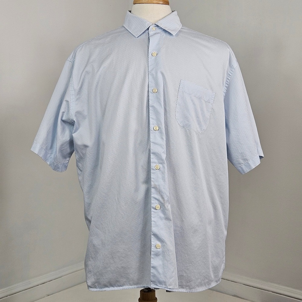 Peter Millar Short Sleeve Cotton Shirt Mens XXL Blue White Geometric Print FLAWS
